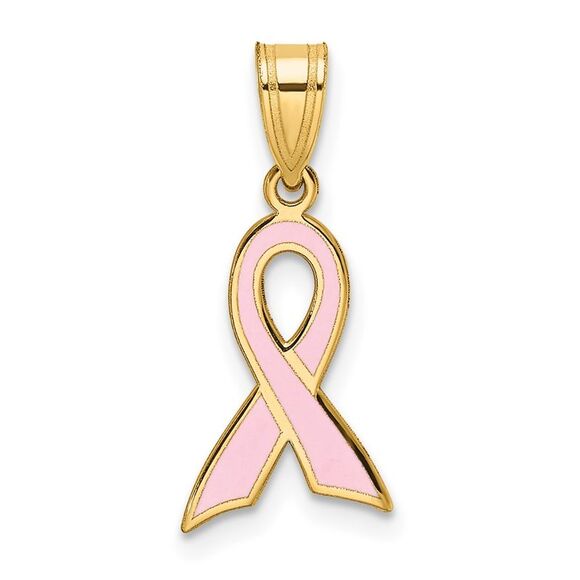 14k Yellow Gold & Pink Enamel Awareness Ribbon Pendant 9 x 20mm